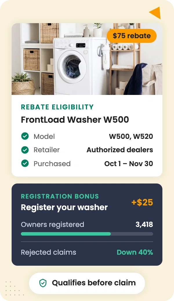 Set rebate rules by model, retailer, and purchase date