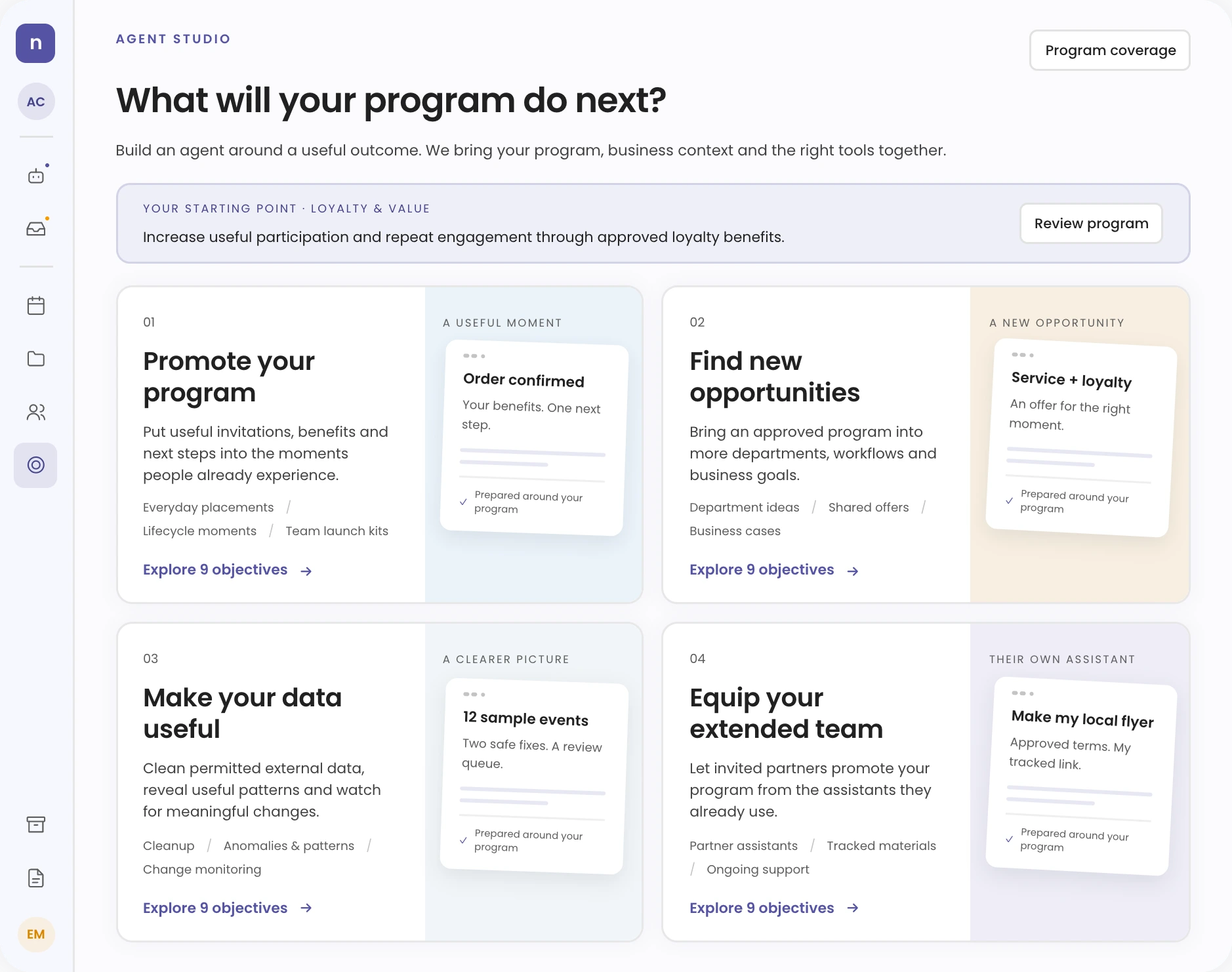 NextBee AI Agents Builder Studio showing program objectives and agent playbooks